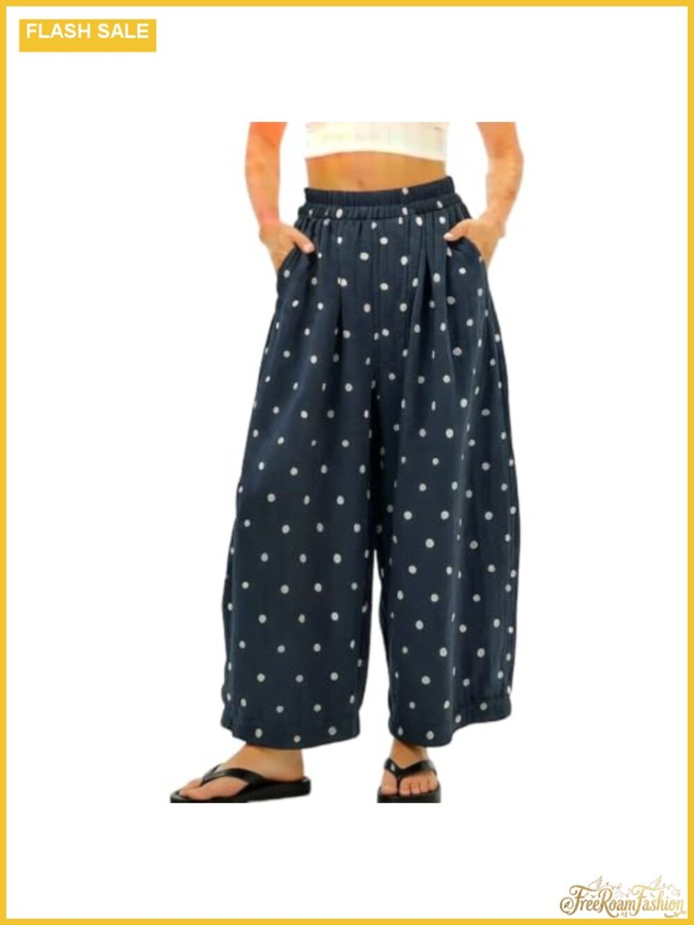 Polka Dot Palazzo Pants Wide Leg Elastic Waist with Pockets Boho Beach